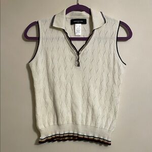 Jones New York Cotton Cream V-Neck Sweater Vest with Striped Hem